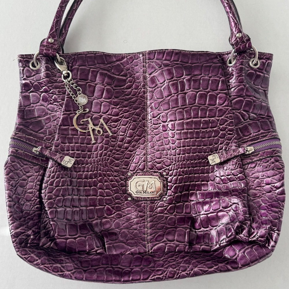 💜Gia Milani Purple Faux Crocodile Tote-Bag-Purse w/GM initial Key Chain